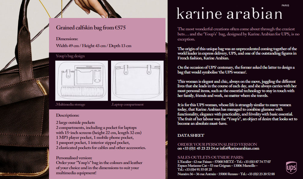 Beschreibung der UPS Tasche “Youps�? von Karine Arabian, Website Screenshot